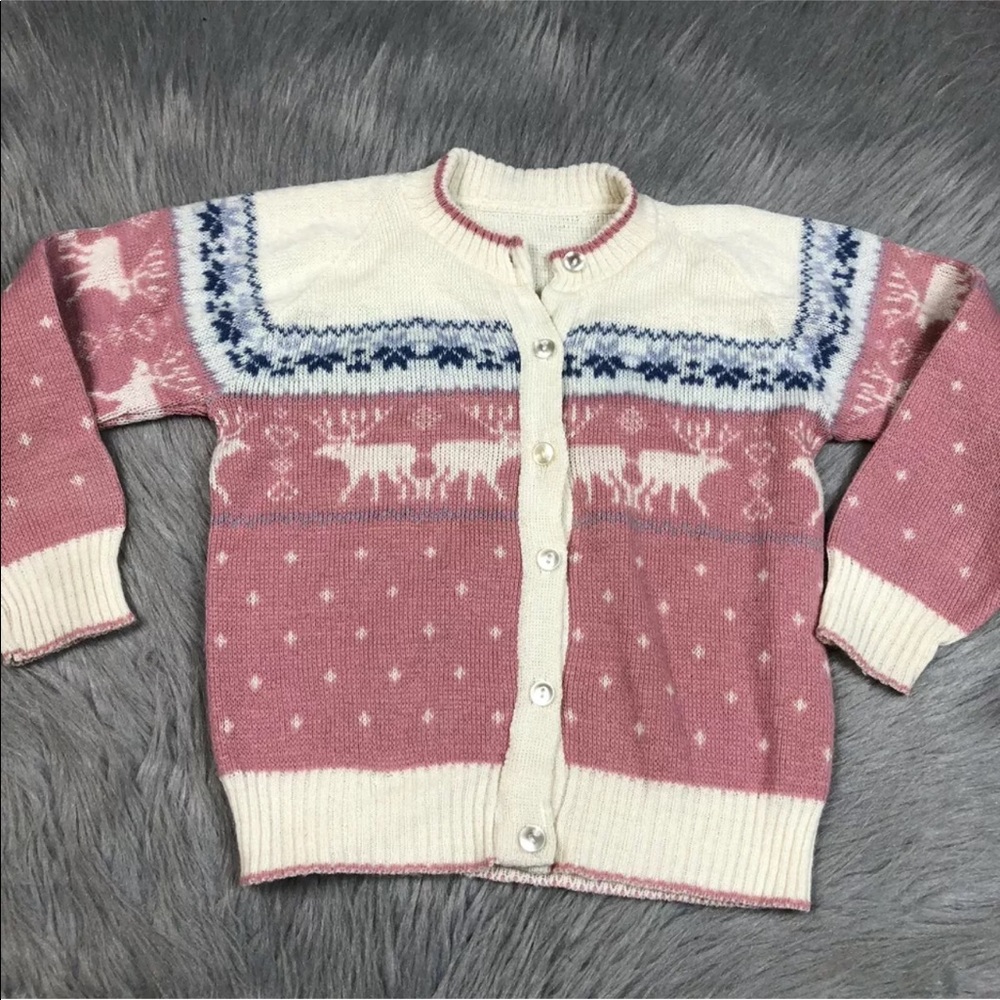 Vintage Toddler Girls Pink Knit Moose Dot Cardigan